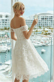 Ivory Lace A Line Off the Shoulder Midi Wedding Dress