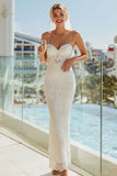 Ivory Lace Spaghetti Straps Sheath Long Wedding Dress