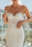 Ivory Lace Spaghetti Straps Sheath Long Wedding Dress