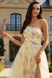 Yellow One Shoulder A-Line Floral Long Prom Dress with Slit