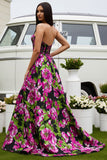 Black Fuchsia Flower A-Line Strapless Satin Long Prom Dress
