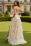 Yellow Floral A-Line Spaghetti Straps Long Prom Dress with Slit