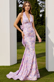 Halter Mermaid Lilac Floral Long Prom Dress with Bow