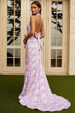 Halter Mermaid Lilac Floral Long Prom Dress with Bow