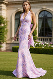 Halter Mermaid Lilac Floral Long Prom Dress with Bow