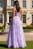 Lilac Floral A-Line Spaghetti Straps Long Prom Dress with 3D Flowers
