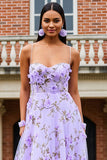 Lilac Floral A-Line Spaghetti Straps Long Prom Dress with 3D Flowers