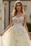 Light Yellow A-Line Spaghetti Straps Embroidered Tulle Long Prom Dress