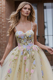 Light Yellow A-Line Spaghetti Straps Embroidered Tulle Long Prom Dress