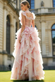 Blush Flower Ruffled A-Line Cut Out Long Prom Dress with Bows