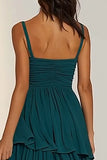 Dark Green Spaghetti Straps Ruffled A Line Long Bridesmaid Dress