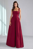 Burgundy Satin Thick Straps Ruched A Line Long Bridesmaid Dress