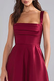Burgundy Satin Thick Straps Ruched A Line Long Bridesmaid Dress