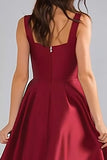 Burgundy Satin Thick Straps Ruched A Line Long Bridesmaid Dress