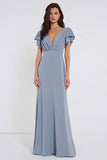Dusty Blue Chiffon V Neck A Line Long Bridesmaid Dress with Flutter Sleeves