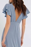 Dusty Blue Chiffon V Neck A Line Long Bridesmaid Dress with Flutter Sleeves