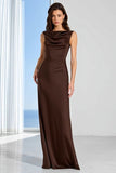 Coffee Bateau Neck Sheath Long Bridesmaid Dress