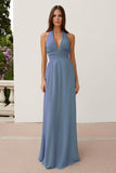 Dusty Blue Halter Neck A Line Long Bridesmaid Dress