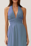 Dusty Blue Halter Neck A Line Long Bridesmaid Dress