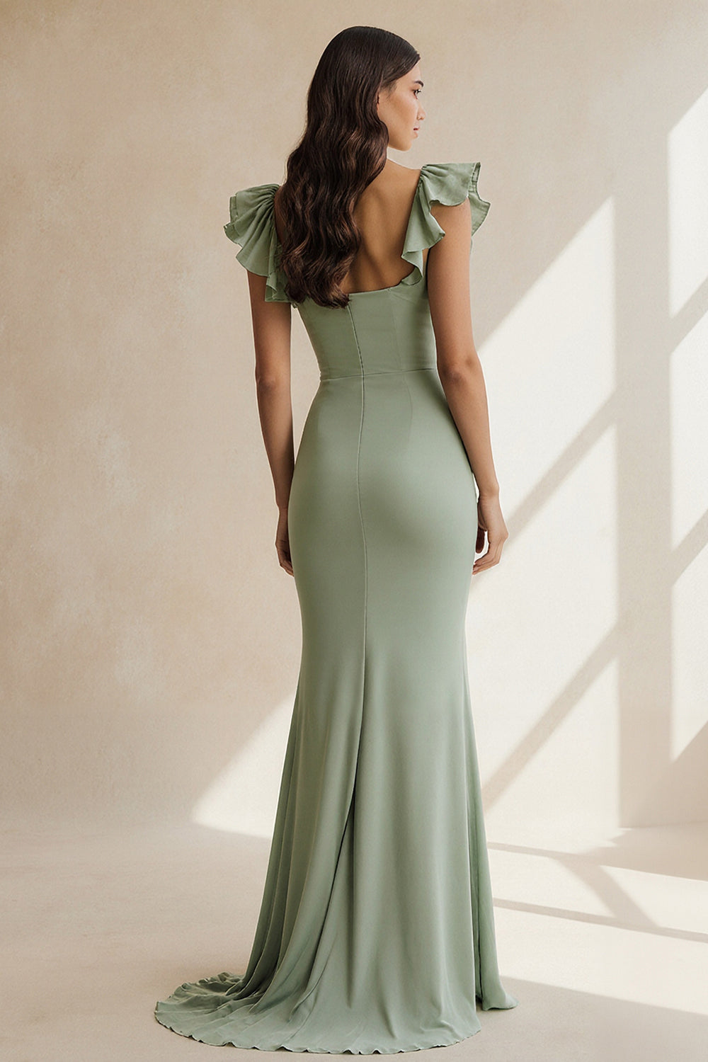 Zapaka Women Dusty Sage Ruffled Long Bridesmaid Dress with Sleeves Square Neck Sheath Wedding Guest Dress with Slit – ZAPAKA UK