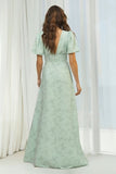 Dusty Sage Floral V Neck A Line Long Bridesmaid Dress with Short Sleeves