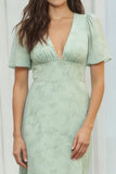 Dusty Sage Floral V Neck A Line Long Bridesmaid Dress with Short Sleeves