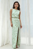 Sage Floral Bateau Neck Sheath Long Bridesmaid Dress with Slit