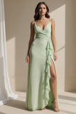 Light Green Spaghetti Straps Ruffled Sheath Long Bridesmaid Dress with Slit