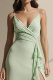 Light Green Spaghetti Straps Ruffled Sheath Long Bridesmaid Dress with Slit