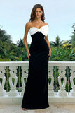Strapless Black And White Ruched Sheath Evening Dress