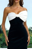 Strapless Black And White Ruched Sheath Evening Dress