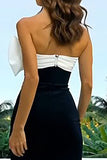 Strapless Black And White Ruched Sheath Evening Dress