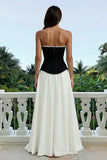 Strapless Black and White A Line Evening Dress with Pearls