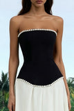 Strapless Black and White A Line Evening Dress with Pearls