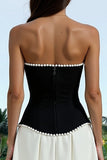 Strapless Black and White A Line Evening Dress with Pearls