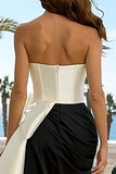 Strapless Black and White Side Slit Formal Dress with Bow