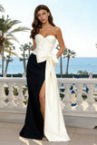 Strapless Black and White Mermaid Bowed Formal Dress with Slit