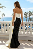 Strapless Black and White Mermaid Bowed Formal Dress with Slit