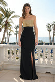 Black and Gold Strapless Sequins Sheath Formal Dress with Slit