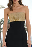 Black and Gold Strapless Sequins Sheath Formal Dress with Slit