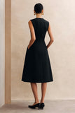 Black A Line Round Neck Midi Work Dress with Pockets