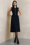 Sheath Black V-Neck Midi Work Dress