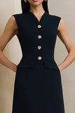 Sheath Black V-Neck Midi Work Dress