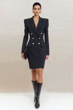 Black Peak Lapel Double Breasted Bodycon Mini Work Dress