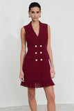 Burgundy Bodycon Double Breasted Work Dress with Fringes