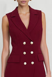 Burgundy Bodycon Double Breasted Work Dress with Fringes