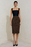 Sheath Square Neck Black and Brown Leopard Midi Work Dress