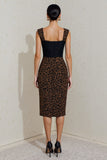 Sheath Square Neck Black and Brown Leopard Midi Work Dress