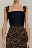 Sheath Square Neck Black and Brown Leopard Midi Work Dress