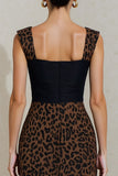 Sheath Square Neck Black and Brown Leopard Midi Work Dress